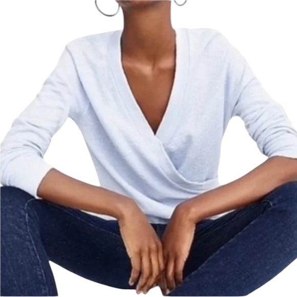 J. Crew Lurex Shimmer Metallic Baby Blue Knit Surplice Wrap Sweater Top - S - Picture 3 of 14